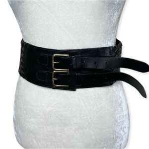 Linea Belle Black Woven Leather Double Buckle Wide Belt Size Medium